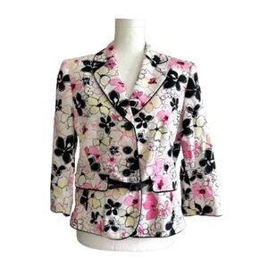 Tahari ASL Blazer Jacket White Pink Black Floral 3/4 Sleeve Belted Summer Size 8